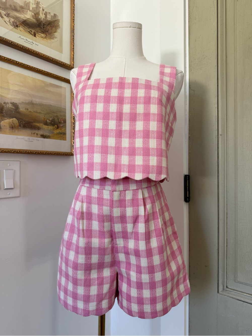 NWT Commense Pink Gingham Two-Piece Crop Top & Shorts Set - Picture 4 of 7